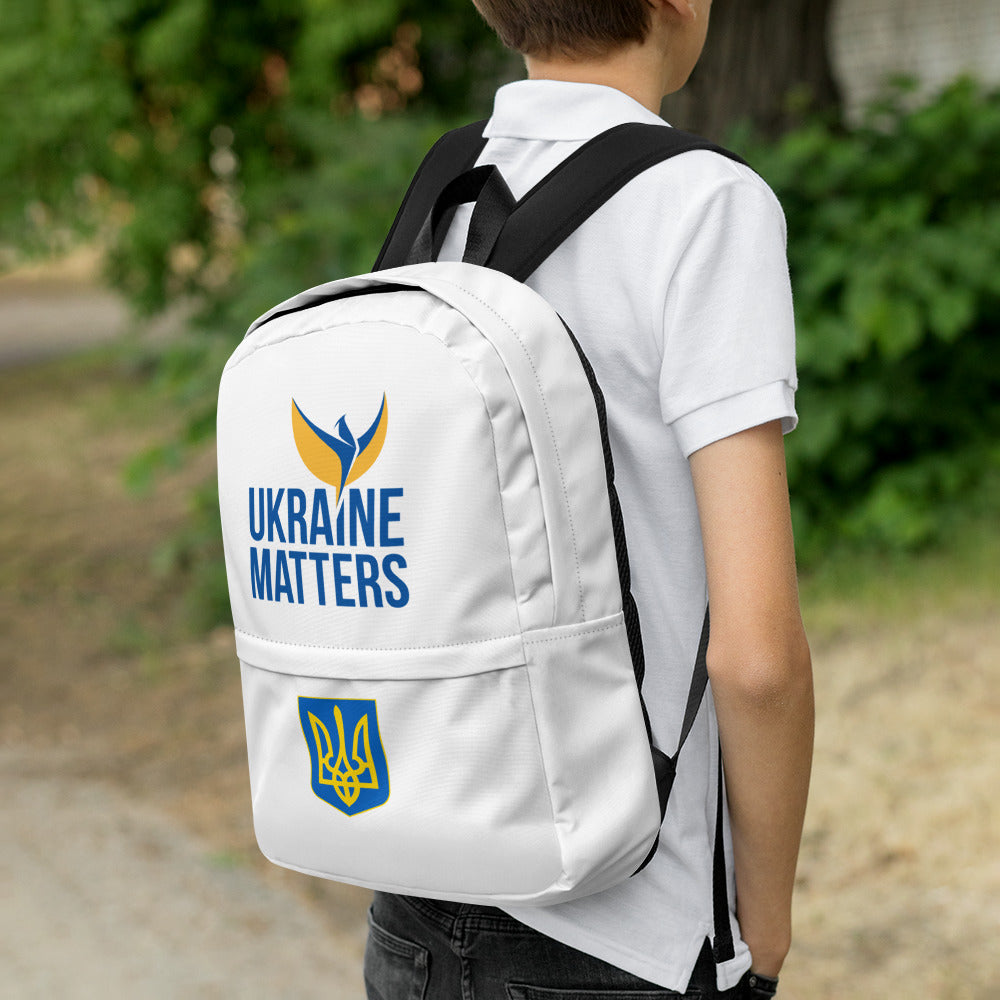 White Backpack - Ukraine Matters Logo