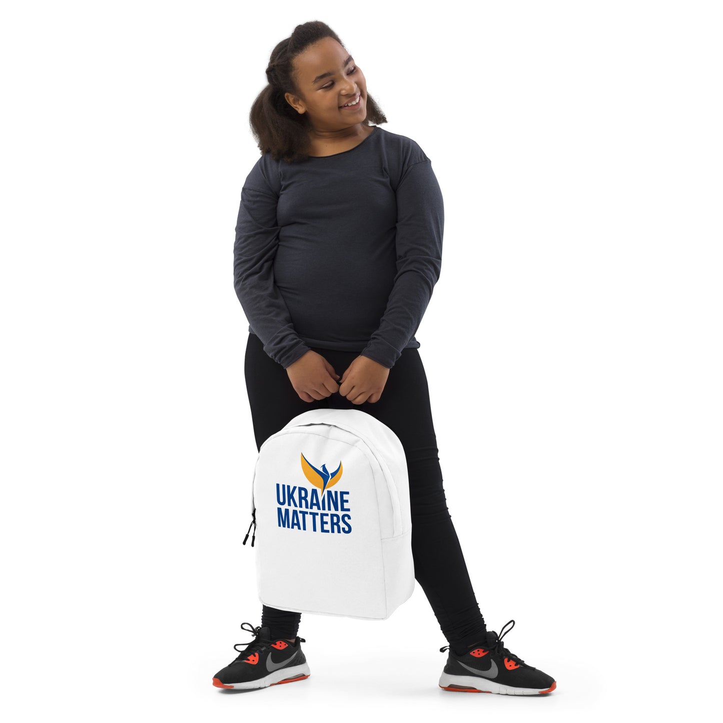 Streamlined White Backpack - Ukraine Matters Logo