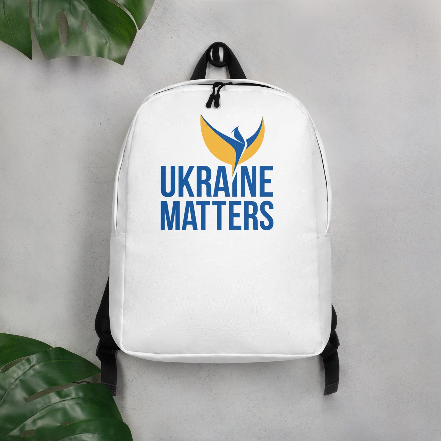 Streamlined White Backpack - Ukraine Matters Logo