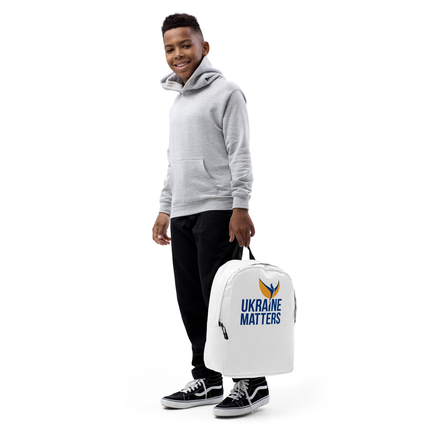 Streamlined White Backpack - Ukraine Matters Logo