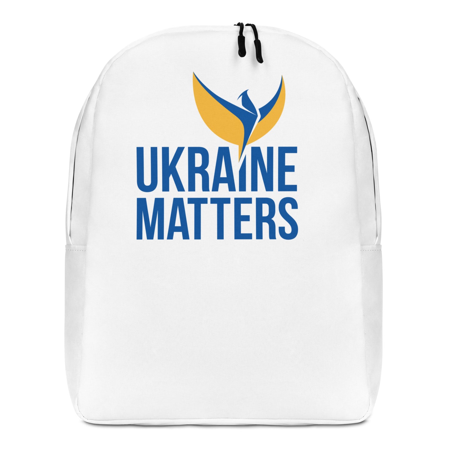 Streamlined White Backpack - Ukraine Matters Logo