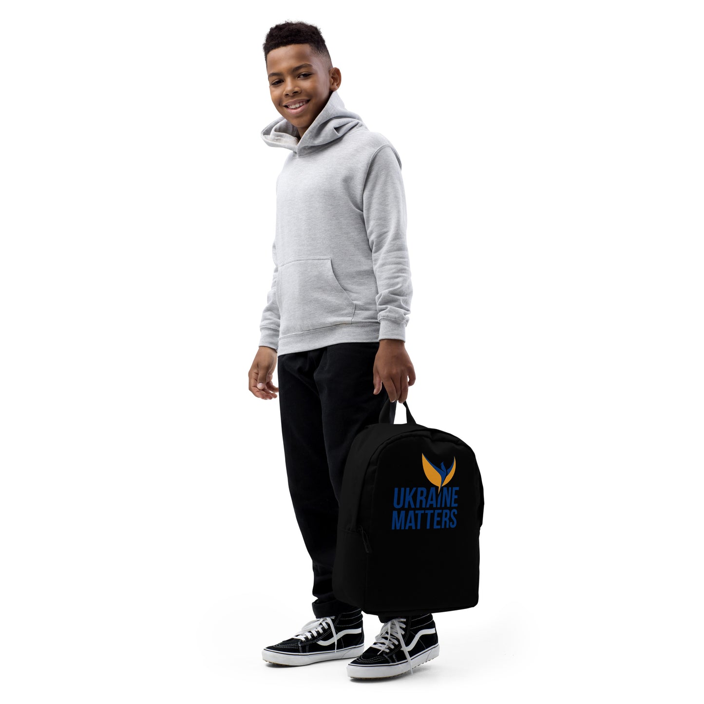 Streamlined Black Backpack - Ukraine Matters Logo