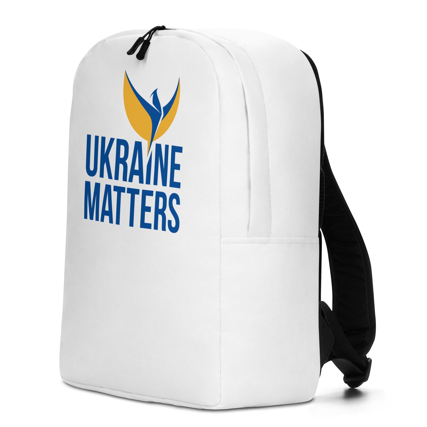 Streamlined White Backpack - Ukraine Matters Logo