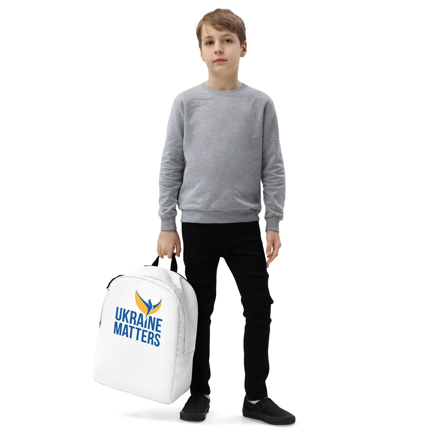 Streamlined White Backpack - Ukraine Matters Logo