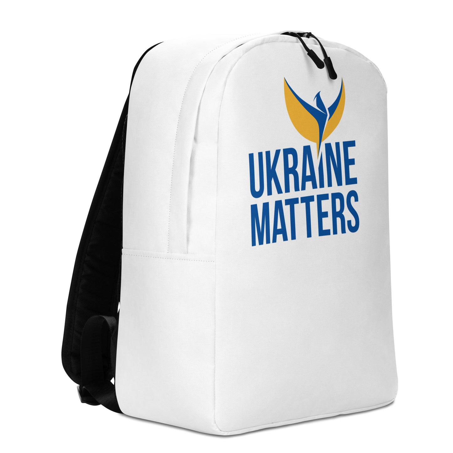 Streamlined White Backpack - Ukraine Matters Logo