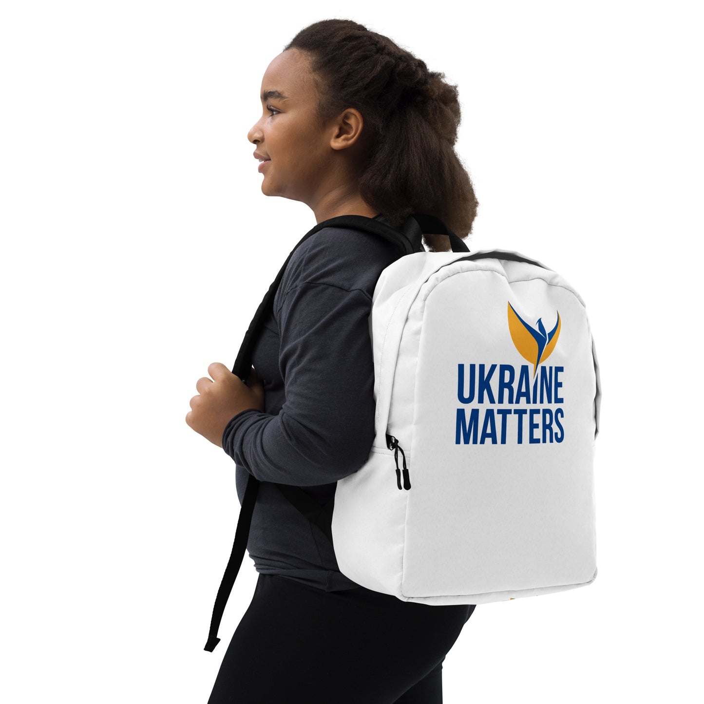 Streamlined White Backpack - Ukraine Matters Logo