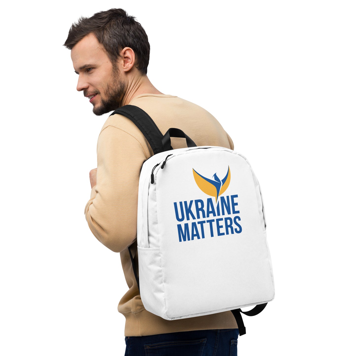 Streamlined White Backpack - Ukraine Matters Logo
