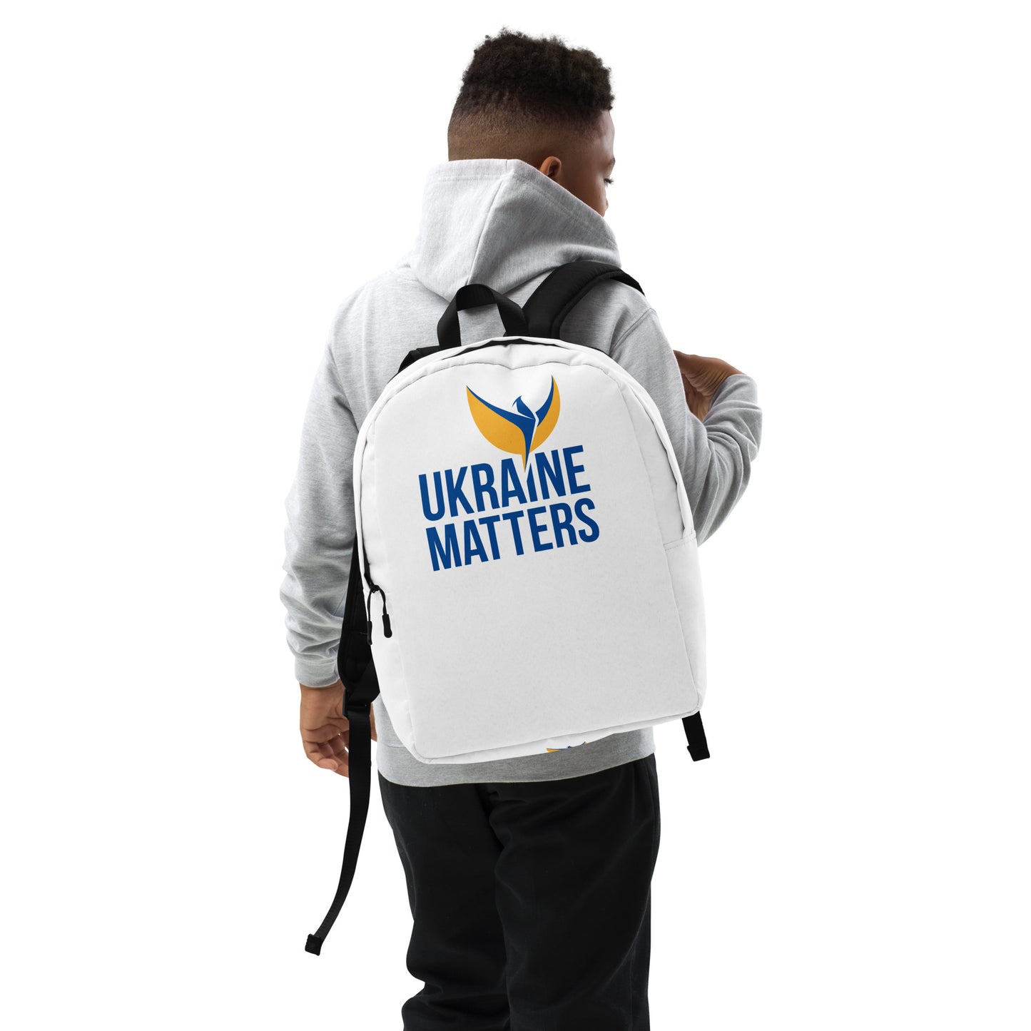 Streamlined White Backpack - Ukraine Matters Logo