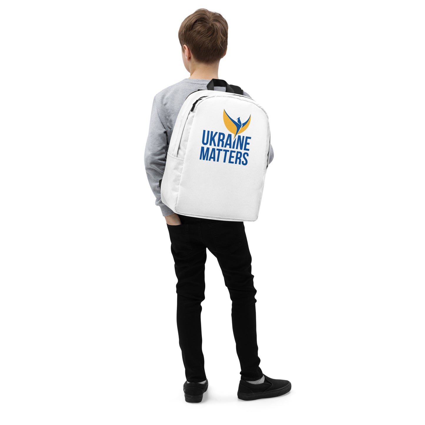 Streamlined White Backpack - Ukraine Matters Logo