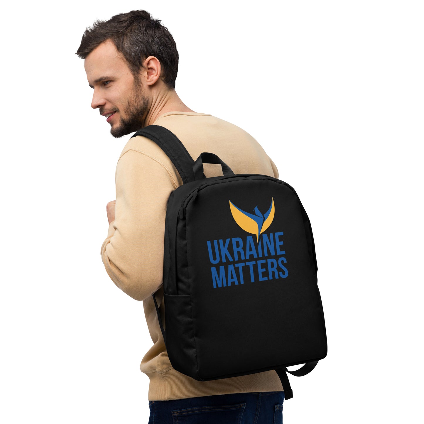 Streamlined Black Backpack - Ukraine Matters Logo