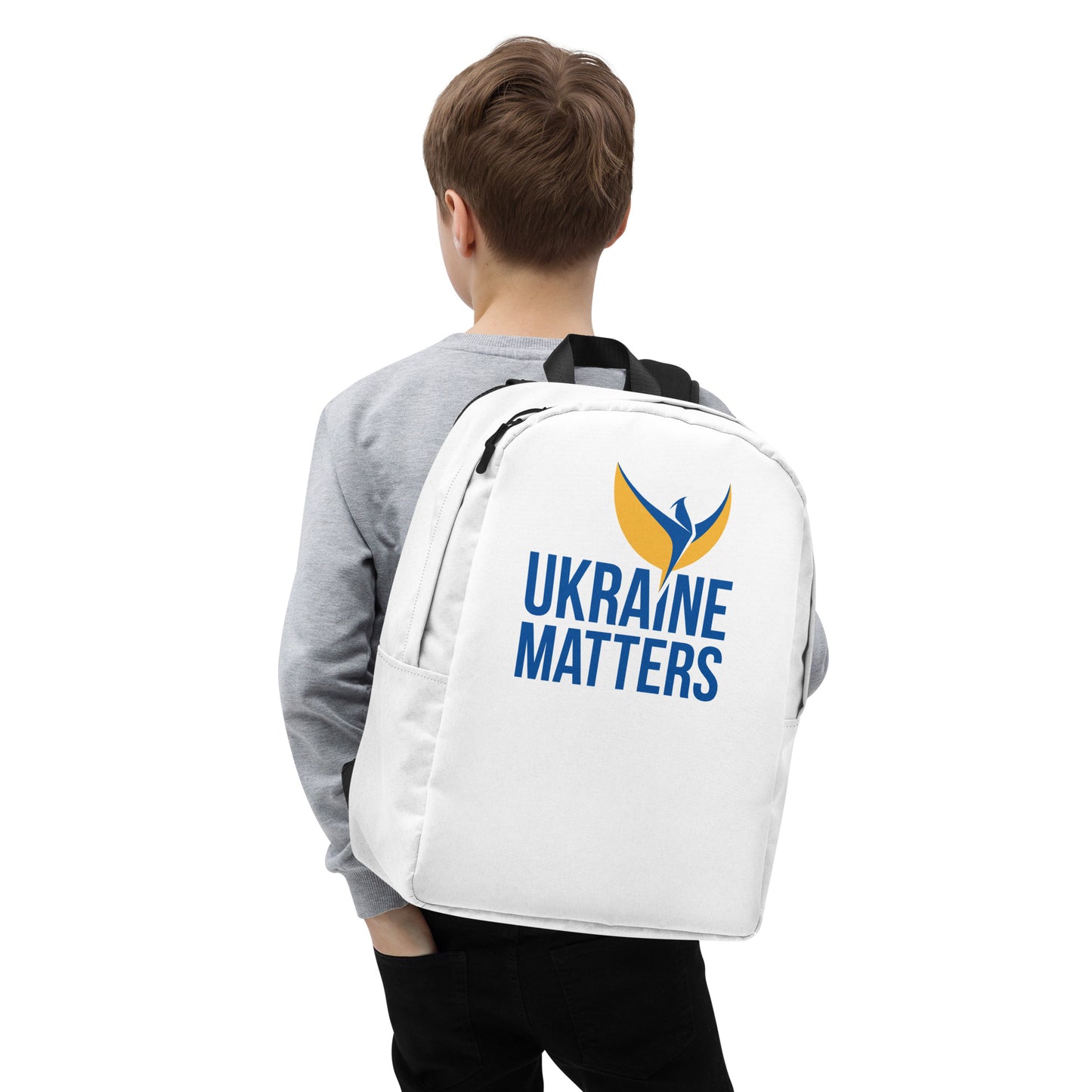 Streamlined White Backpack - Ukraine Matters Logo