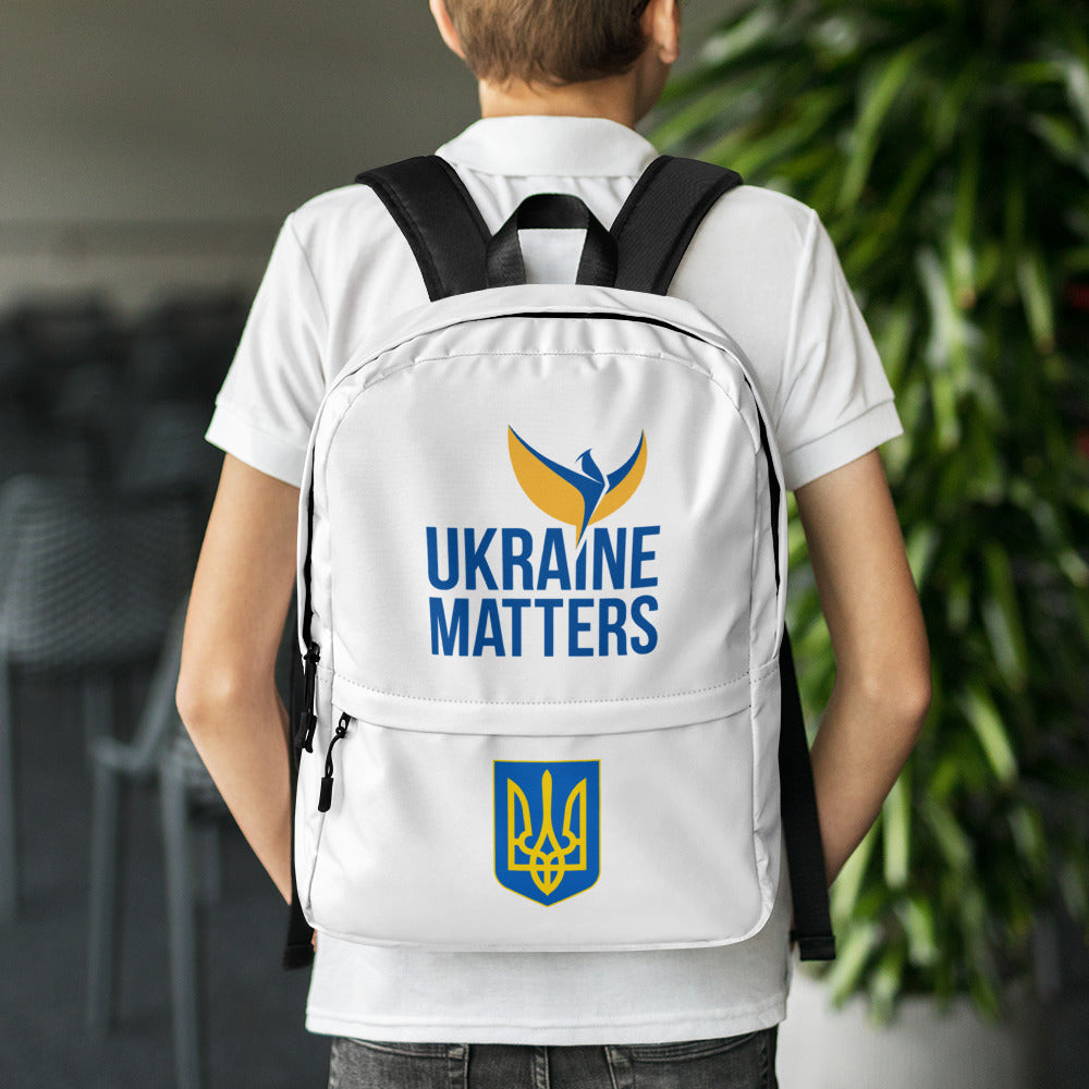 White Backpack - Ukraine Matters Logo