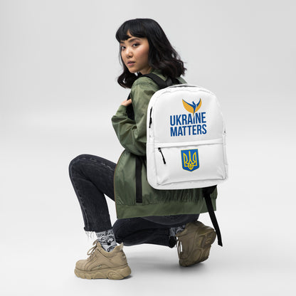 White Backpack - Ukraine Matters Logo