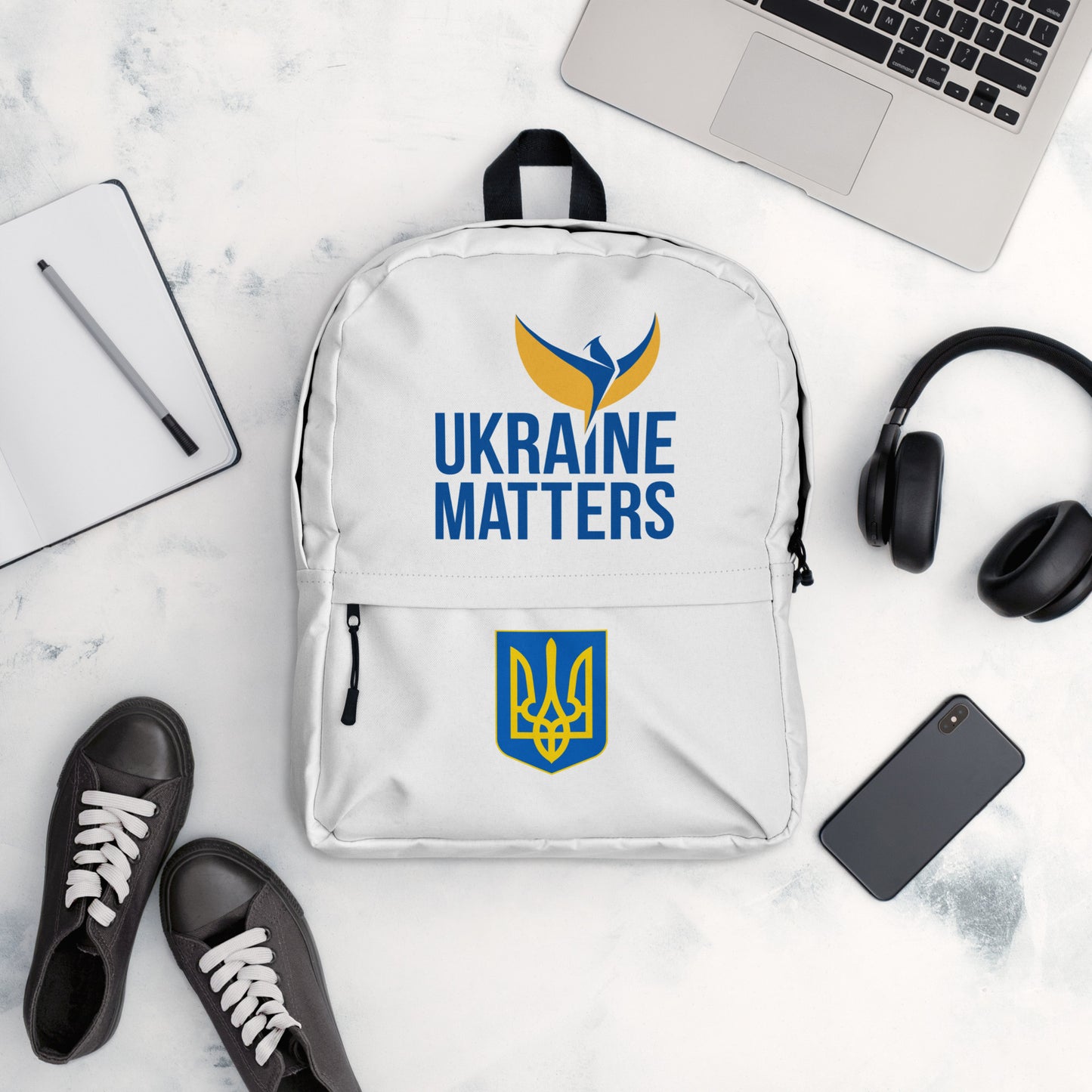 White Backpack - Ukraine Matters Logo