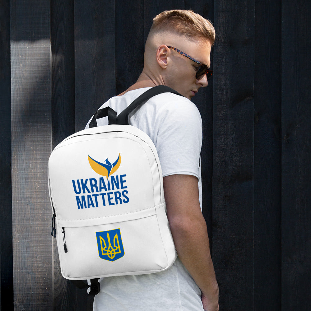 White Backpack - Ukraine Matters Logo