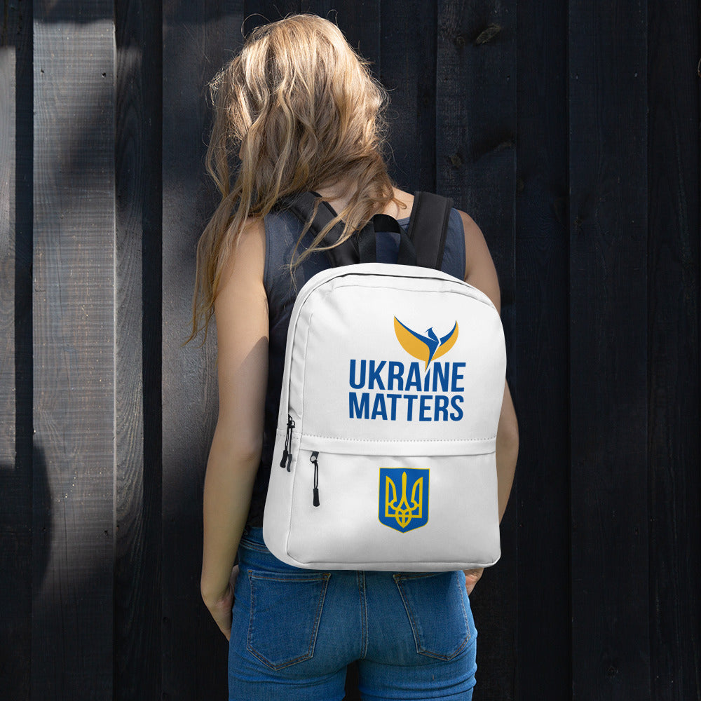 White Backpack - Ukraine Matters Logo