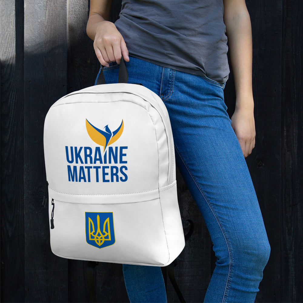 White Backpack - Ukraine Matters Logo