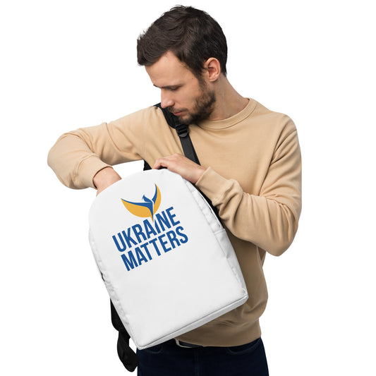 Streamlined White Backpack  - Ukraine Matters Logo