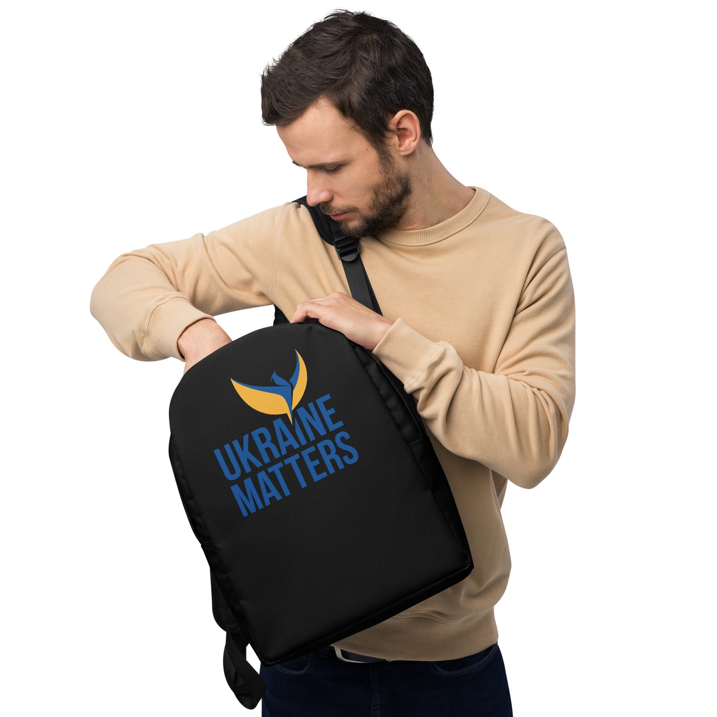 Streamlined Black Backpack  - Ukraine Matters Logo