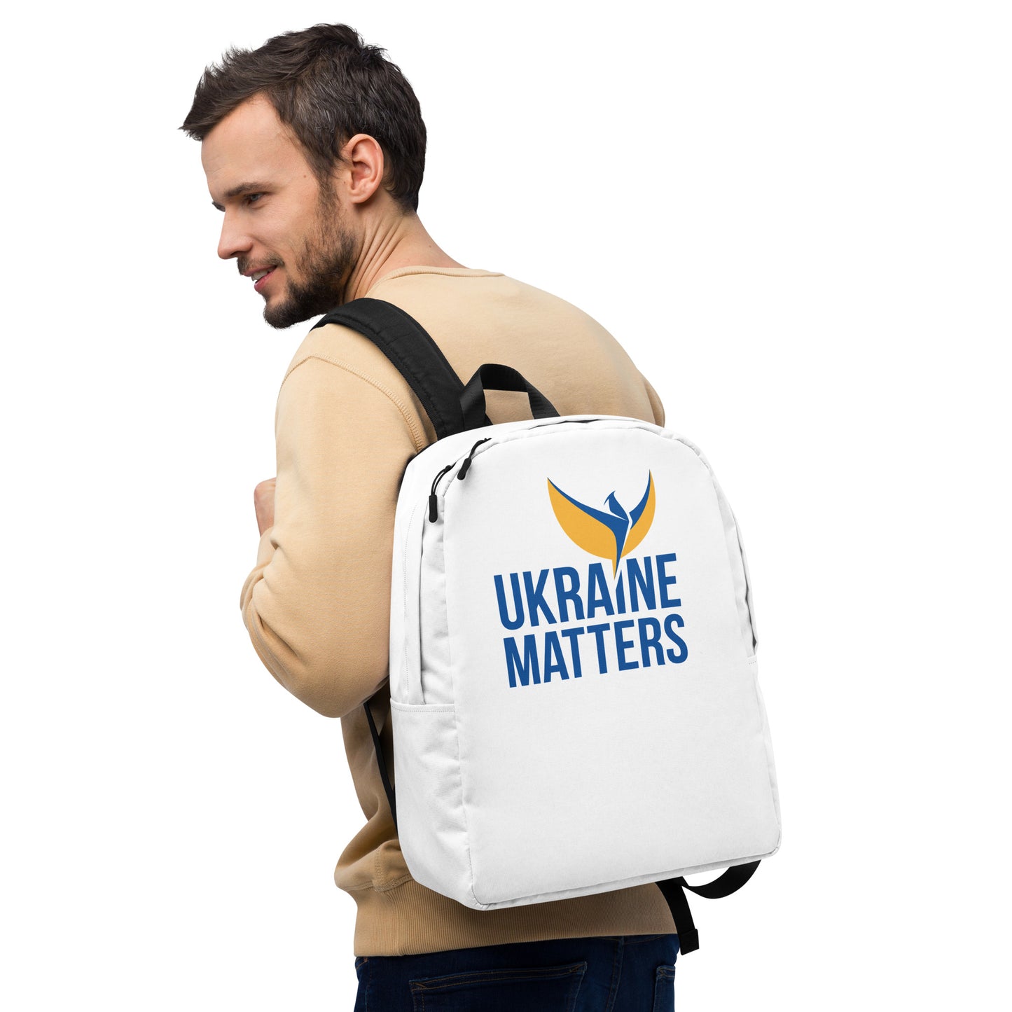 Streamlined White Backpack  - Ukraine Matters Logo