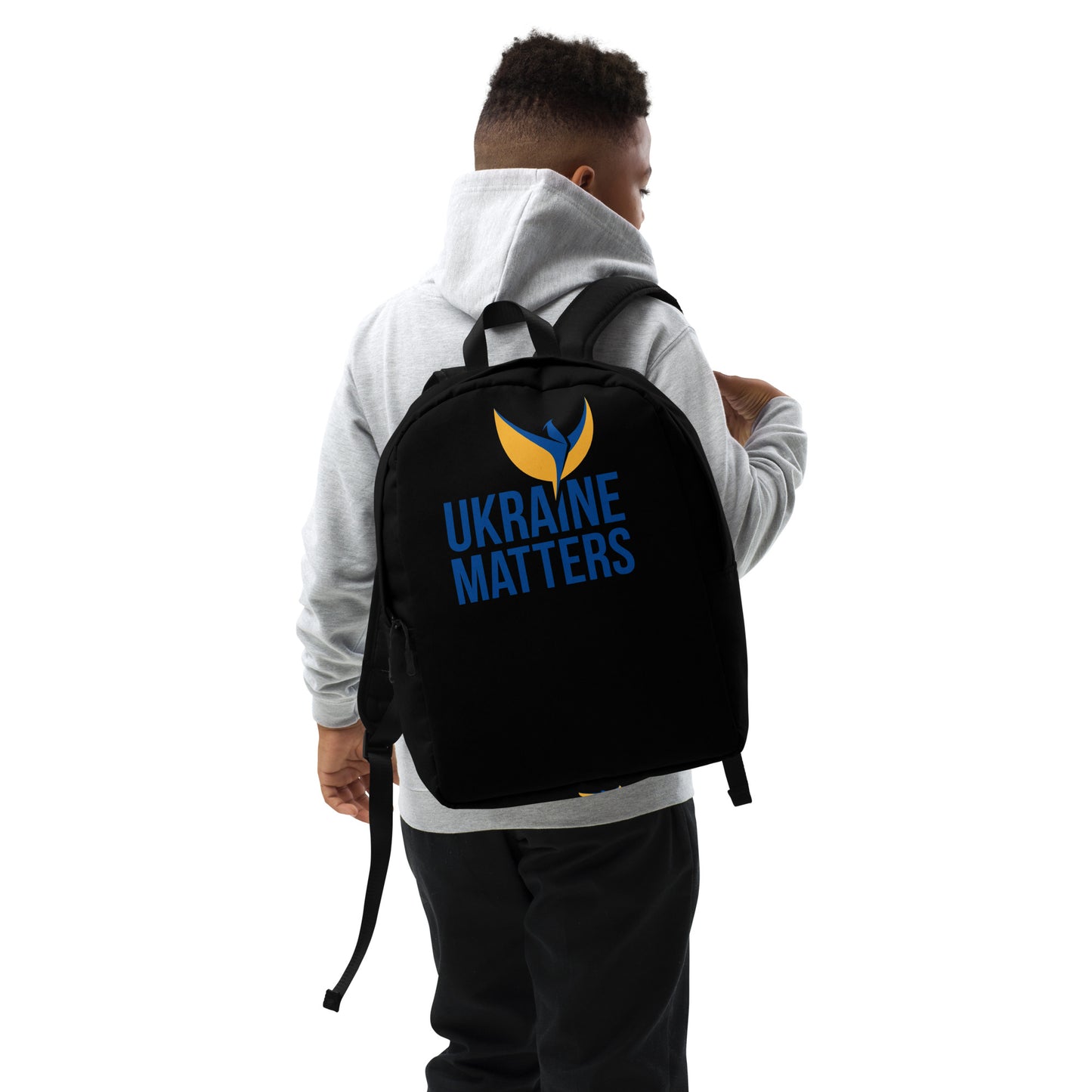 Streamlined Black Backpack  - Ukraine Matters Logo