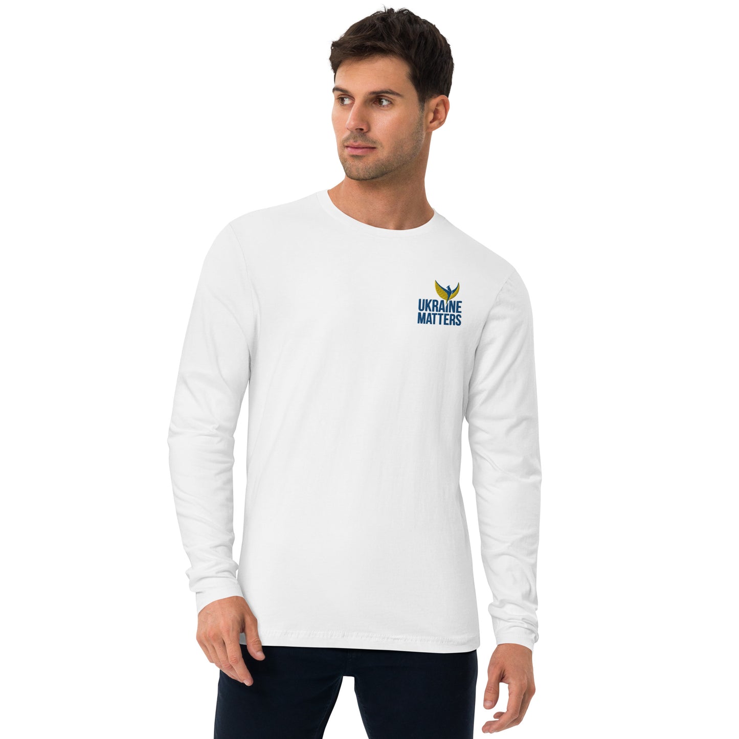 Long Sleeve Fitted Crew Neck Sweatshirt - Embroidered Ukraine Matters Logo