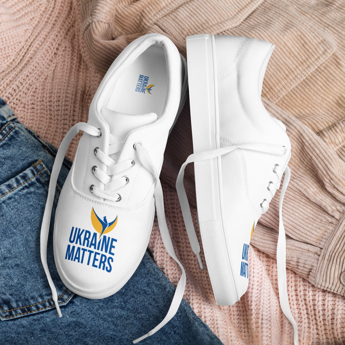 Men’s Lace-up White Canvas Shoes - Ukraine Matters Logo