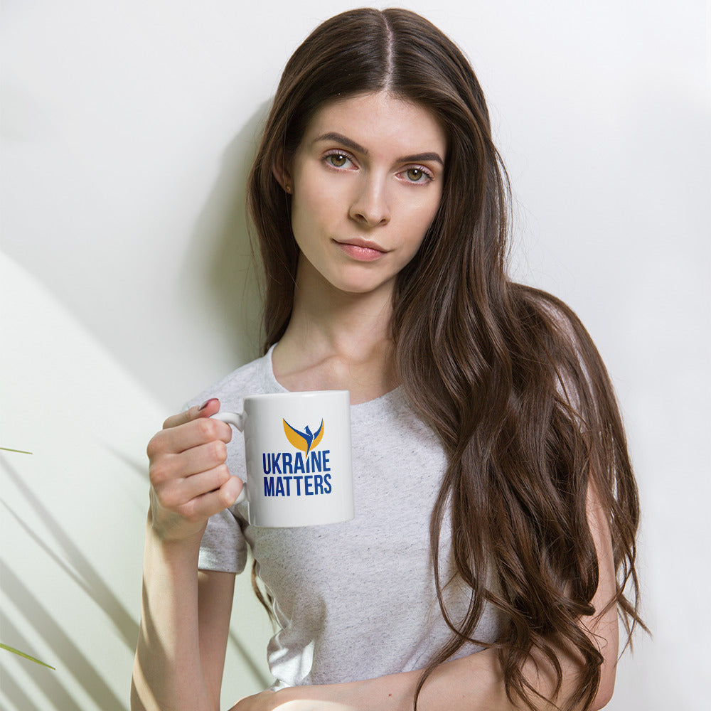 White Glossy Mug - Ukraine Matters Logo