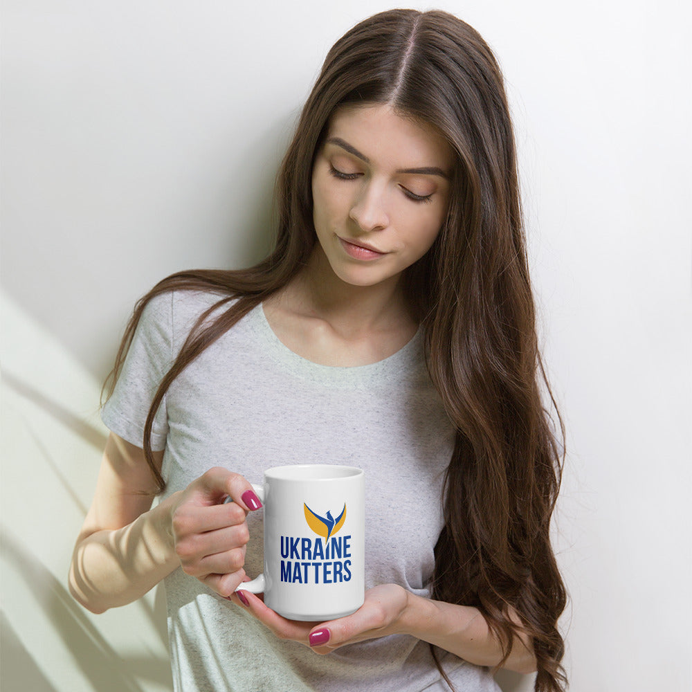 White Glossy Mug - Ukraine Matters Logo